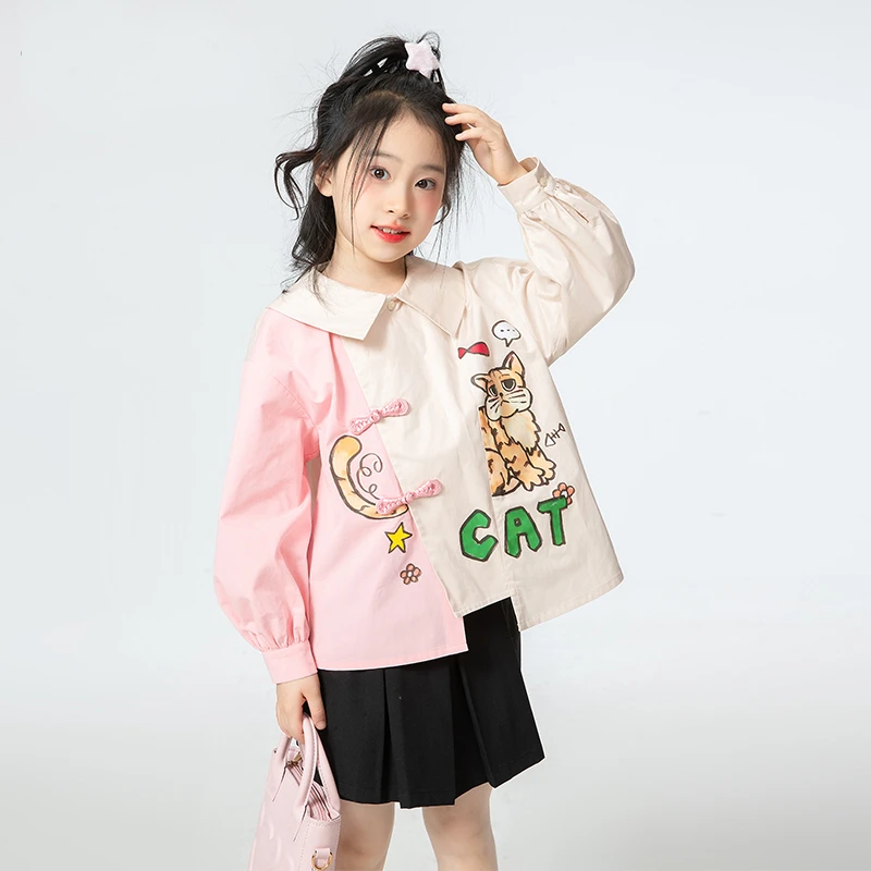 2023春款童装女童衬衫儿童新款洋气中大童时髦长袖上衣娃娃领衬衣