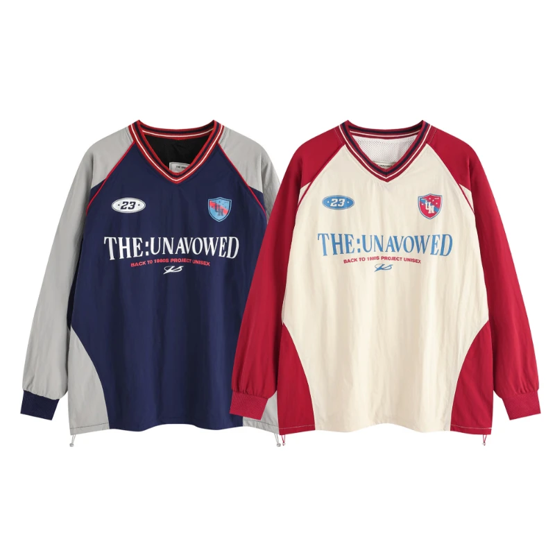 美式复古V领长袖T恤宽松情侣上衣