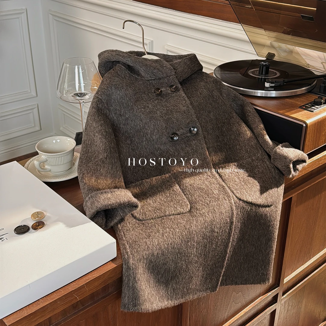 皇室童缘秋冬新款儿童气质纯色双排扣连帽羊毛大衣