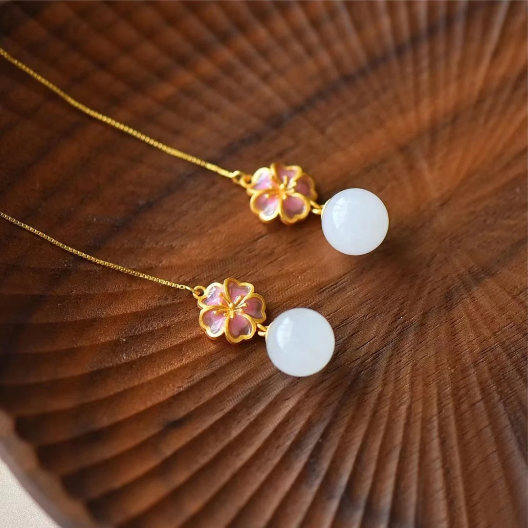 秘密花园 | S925古法银镶天然和田玉樱花耳线女款四季经典百搭