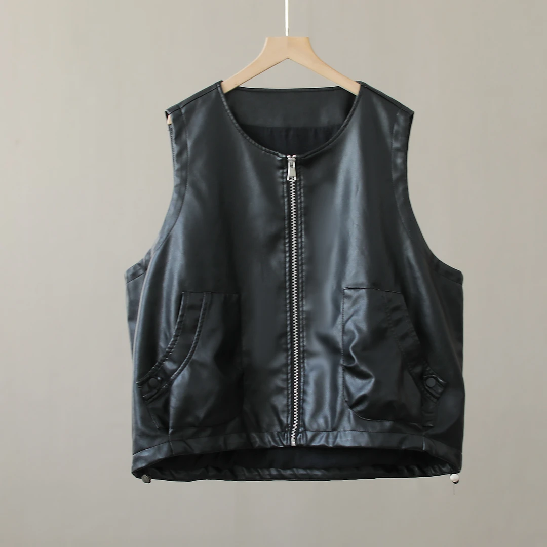 【纭季原创】衣长58-60 百搭文艺气质时尚纯色皮质马夹D241100