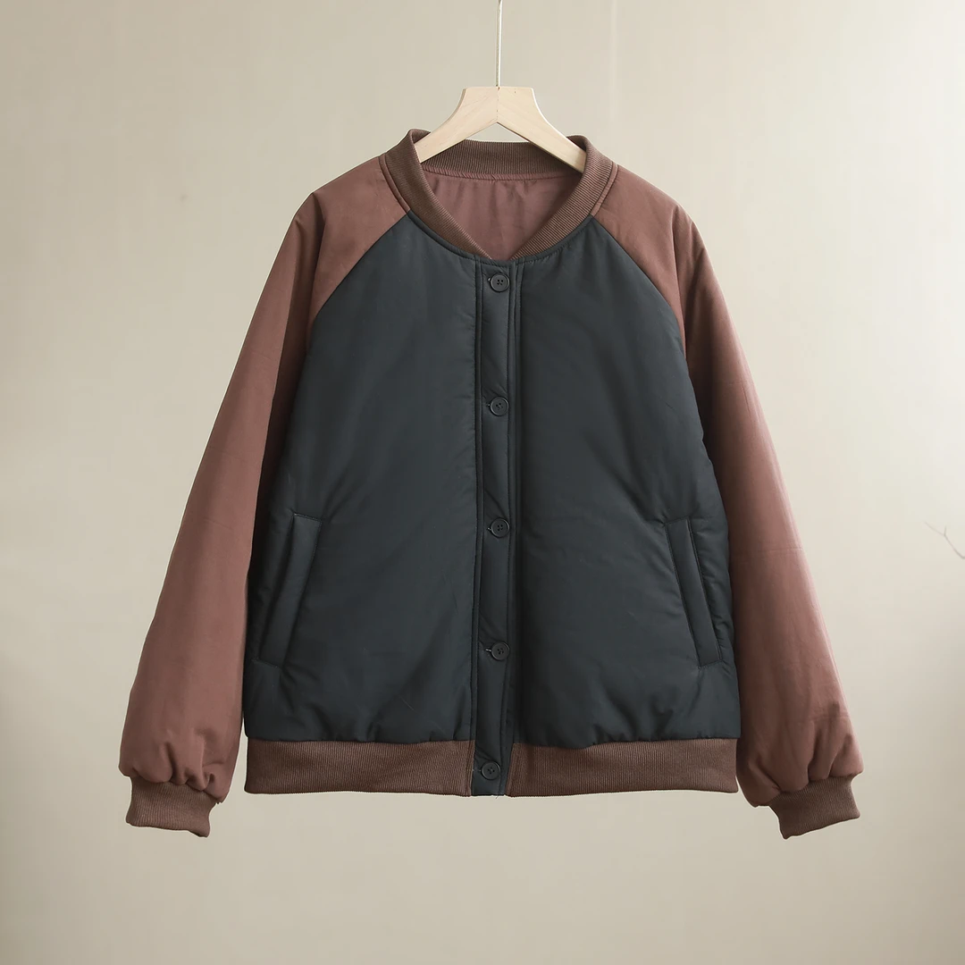 【纭裳定制】衣长60 百搭宽松气质圆领纽扣棉服外套D241253