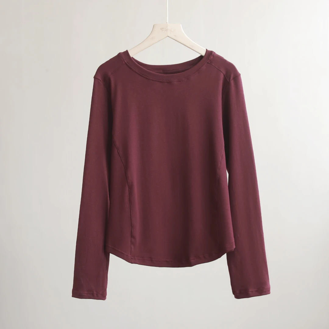 【纭季原创】衣长56 舒适显瘦圆领长袖纯色百搭打底T恤D241063