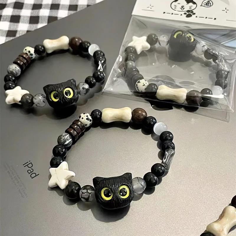 学生党情侣闺蜜奶酪猫头手串黑白调手链高颜值呆萌小众礼物罗饰品