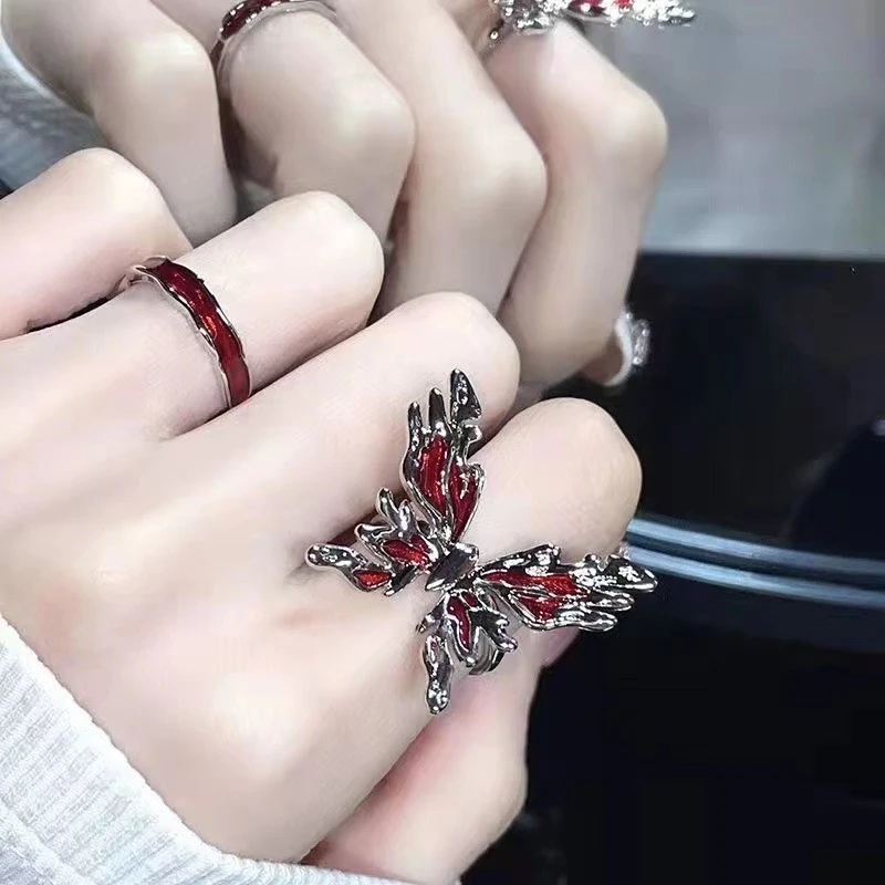 欧美蝴蝶个性戒指时尚甜酷辣妹中性可调节食指手工气质红色学饰品