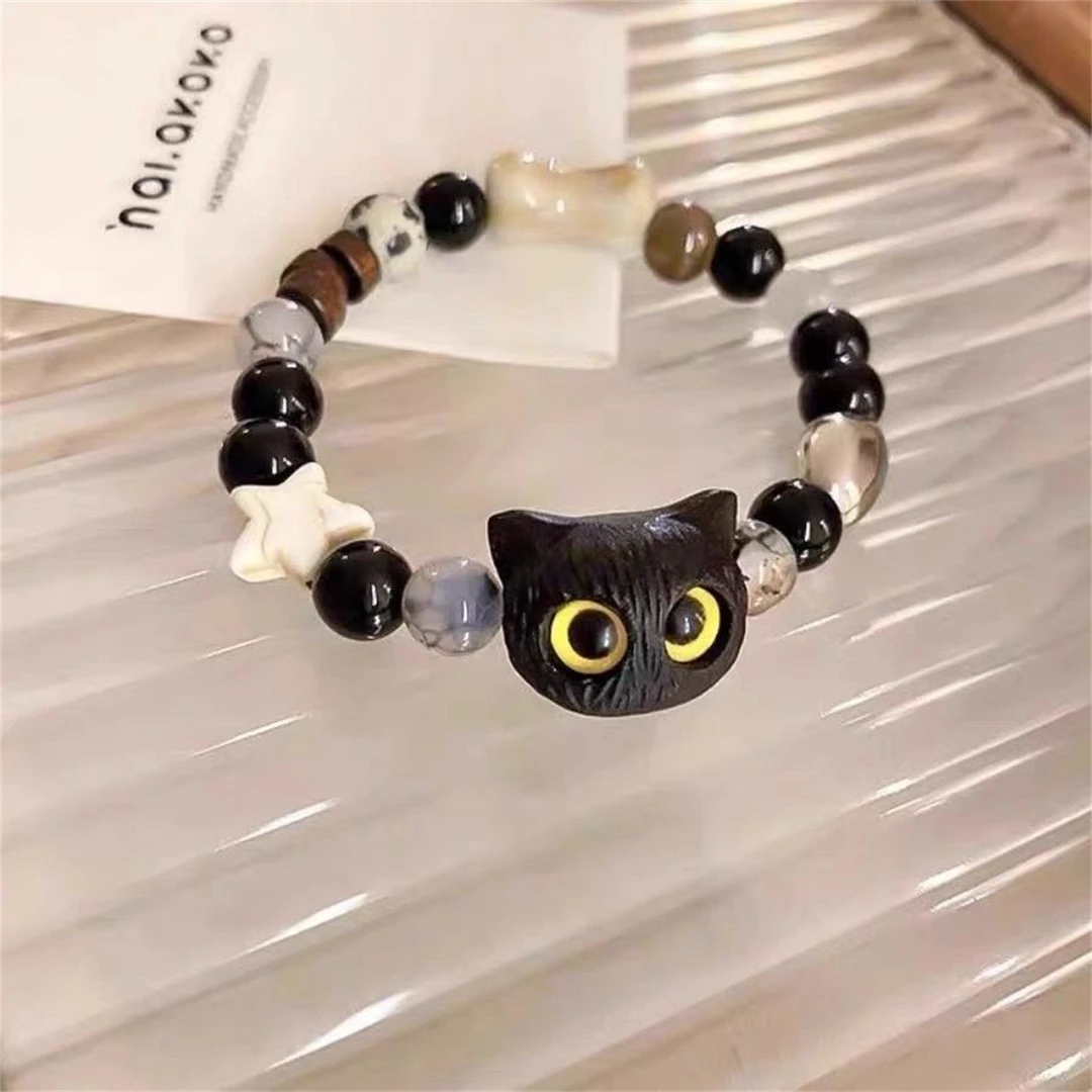 日系可爱卡通奶酪黑芝麻小猫手链甜美百搭罗小黑小众学生闺蜜饰品