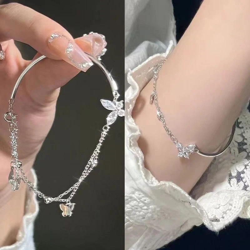 合金手链 半镯蝴蝶闪钻双层链条小众设计小情人节七夕礼物饰品