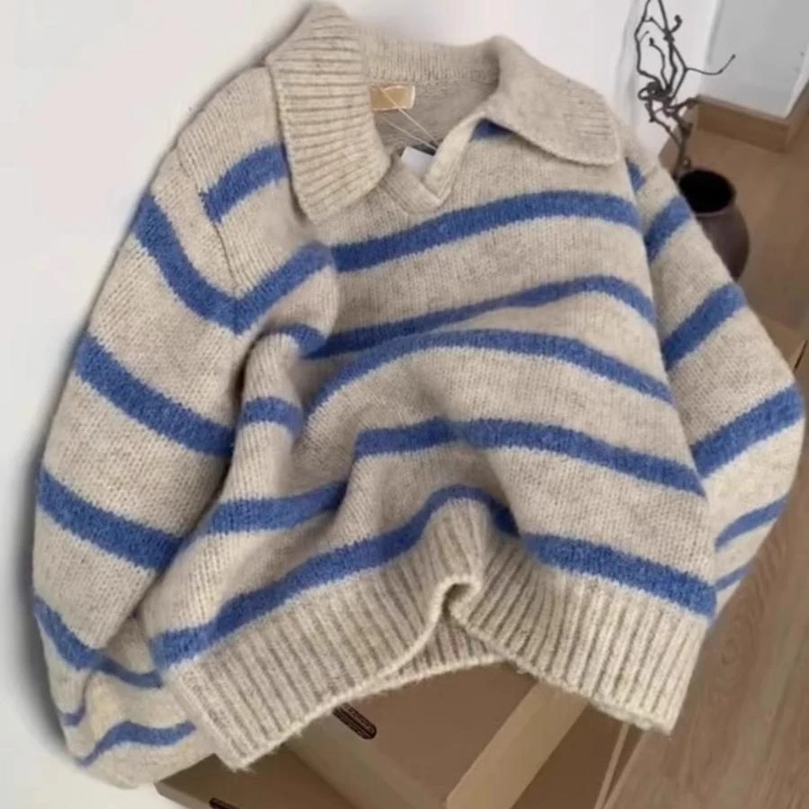 欧货小众蓝色条纹polo翻领长袖软糯针织衫毛衣女秋冬慵懒套头上衣