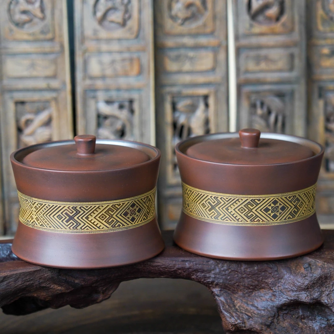 【200克一对装】本陶手作钦州坭兴陶存茶罐壮乡腰身铜鼓罐（手工痕迹
