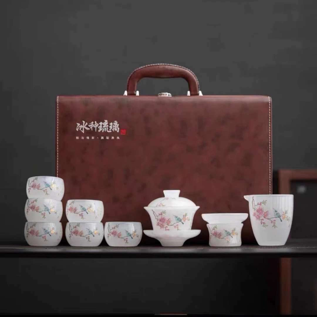 喜上眉梢花开富贵白玉琉璃高端茶具套装家用办公茶具套组