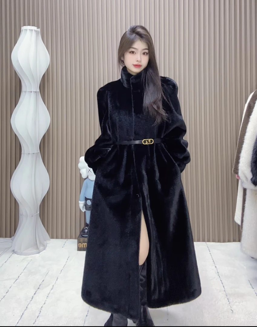 “小太阳”2024冬款气质百搭腰带女神泡泡袖女款毛毛外套