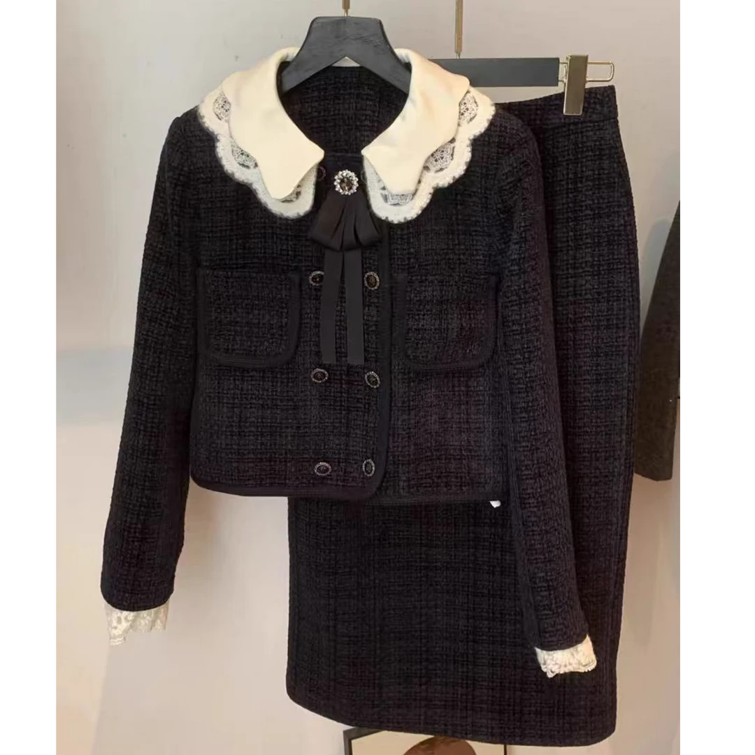 娃娃领外套长裙套装女冬高级感显瘦加厚小香风撞色上衣A字裙3003