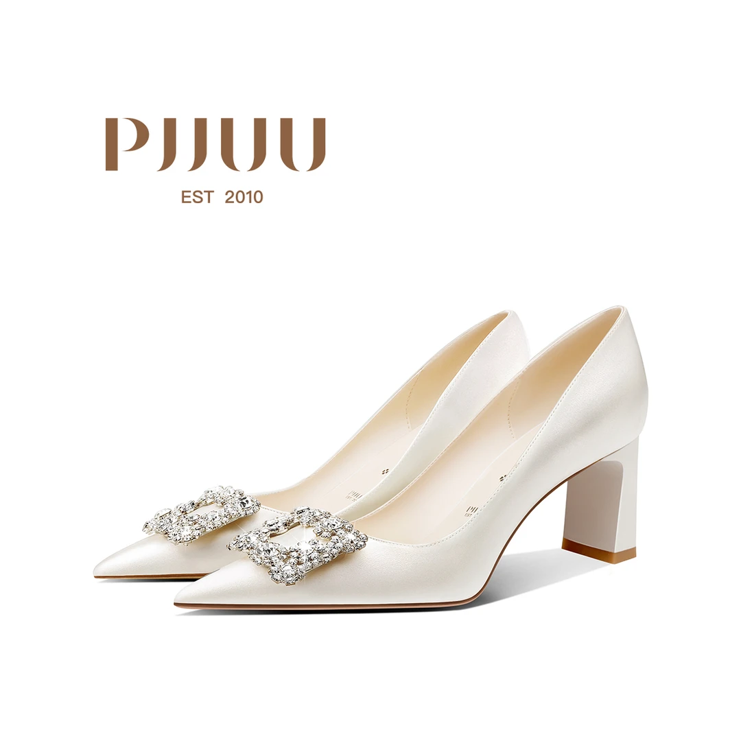 pjjuu订婚鞋 主婚纱婚鞋粗跟水钻缎面高跟鞋不累脚结婚鞋女新娘鞋
