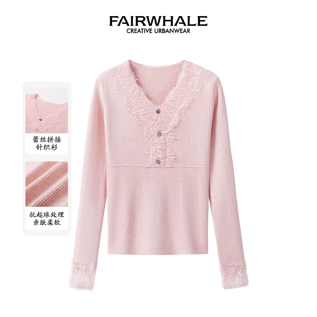 马克华菲女装经典V领显瘦安迪绒蕾丝拼接针织衫 F44004A012