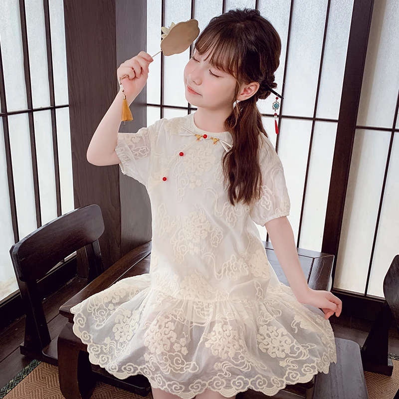 【宠粉浮力】女童旗袍裙短袖蕾丝公主裙国风连衣裙 X24550