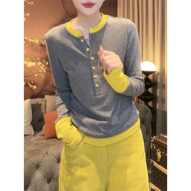 撞色半开扣圆领长袖t恤女秋季2024新款设计感百搭显瘦打底衫上衣