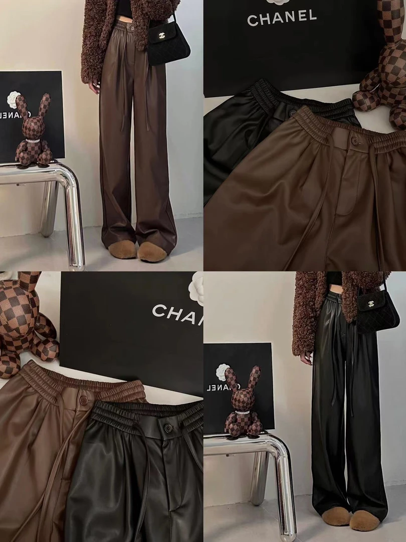 【璐璐糖专属】韩版显瘦高腰直筒休闲百搭复古垂感拖地皮裤237930