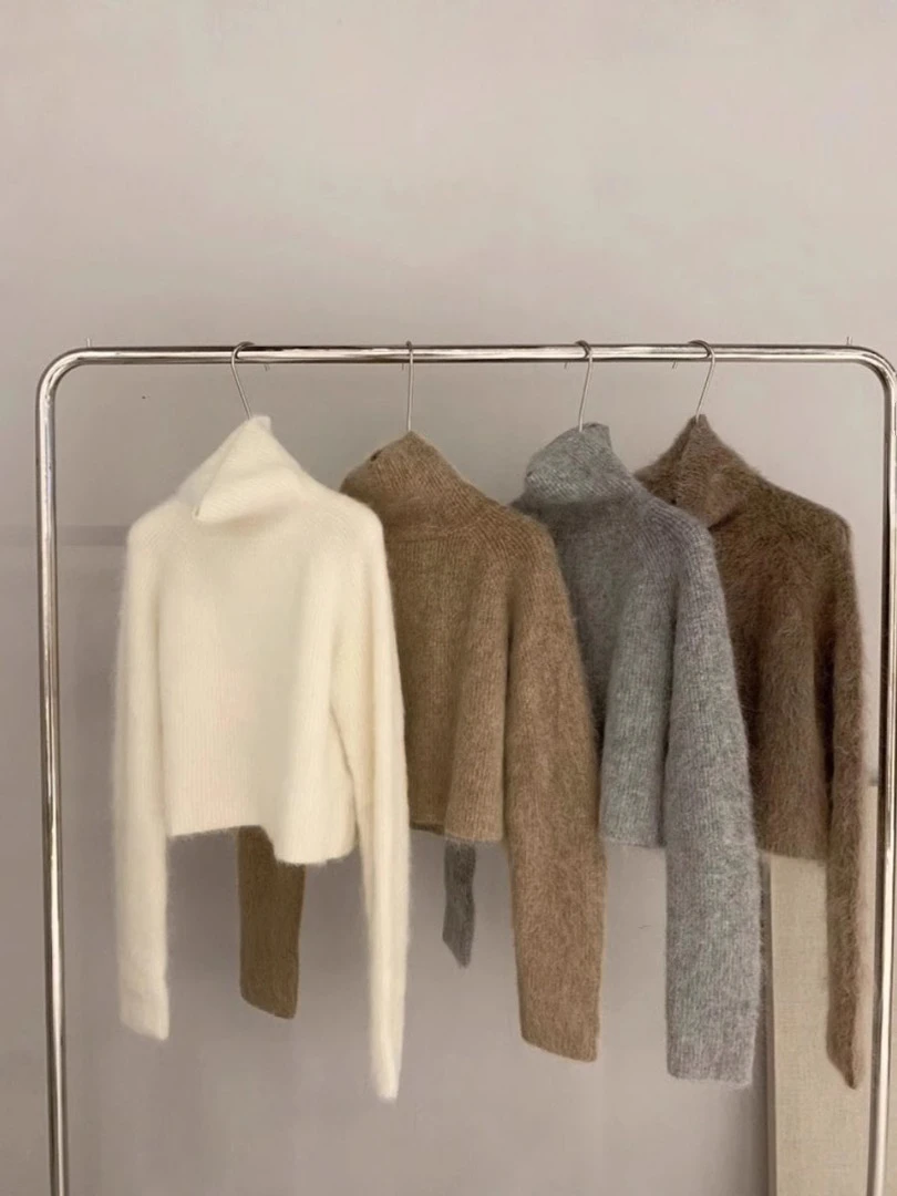 高级感水貂绒高领毛衣女秋冬加厚叠穿内搭打底衫短款小个子针织衫