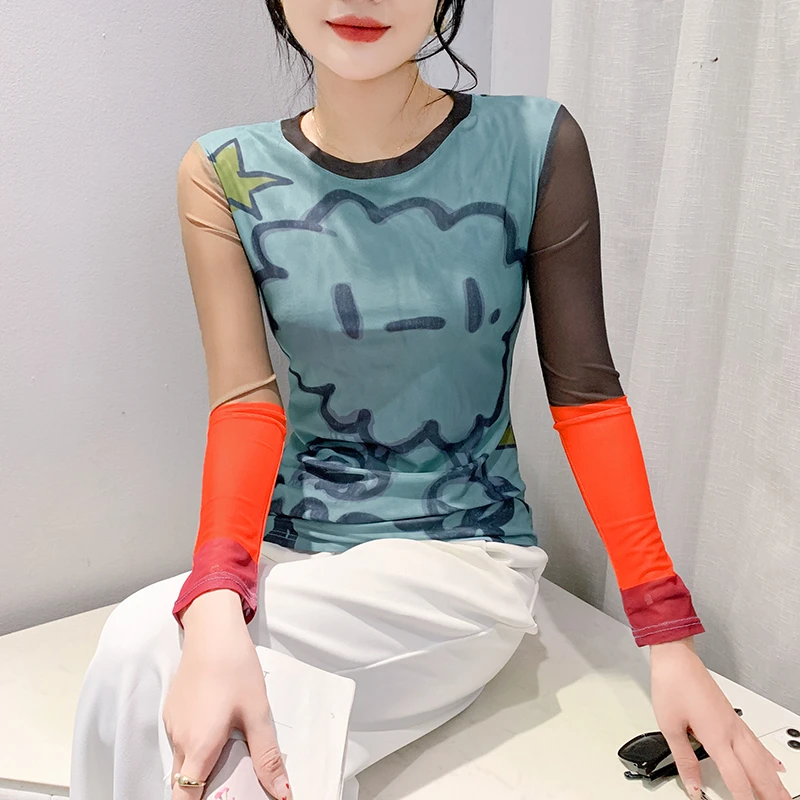 欧货洋气印花上衣女春秋新款百搭圆领长袖t恤紧身显瘦网纱打底衫