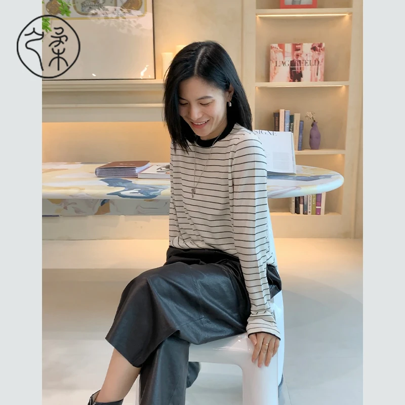 之柔【笑忘书】宽松时尚打底女士上衣 条纹圆领羊绒针织长袖上衣