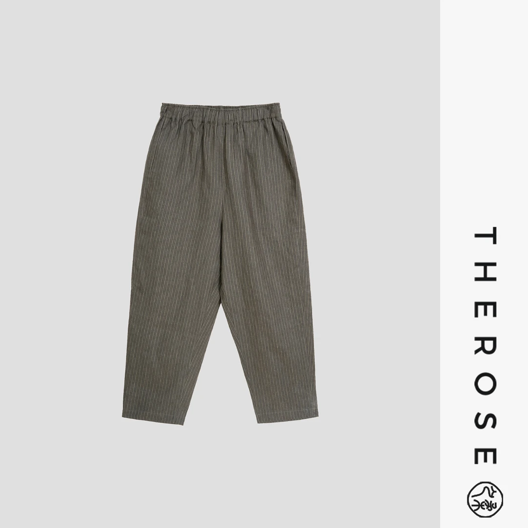 之柔【苏堤春照 裤子】法国诺曼底进口亚麻条纹休闲裤色织高腰长裤