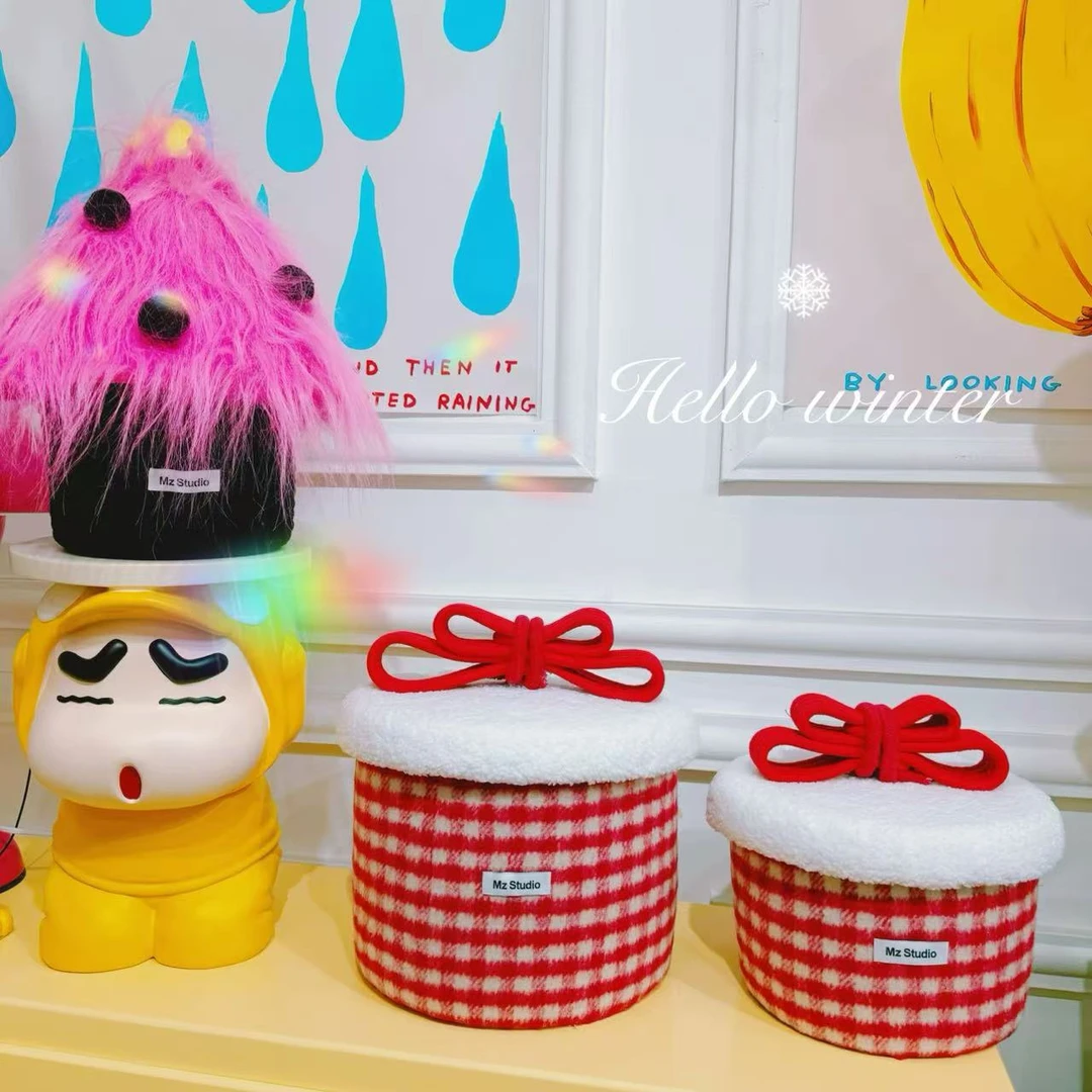 红格子礼物盒套组高级感桌面陈列储物带盖收纳筐