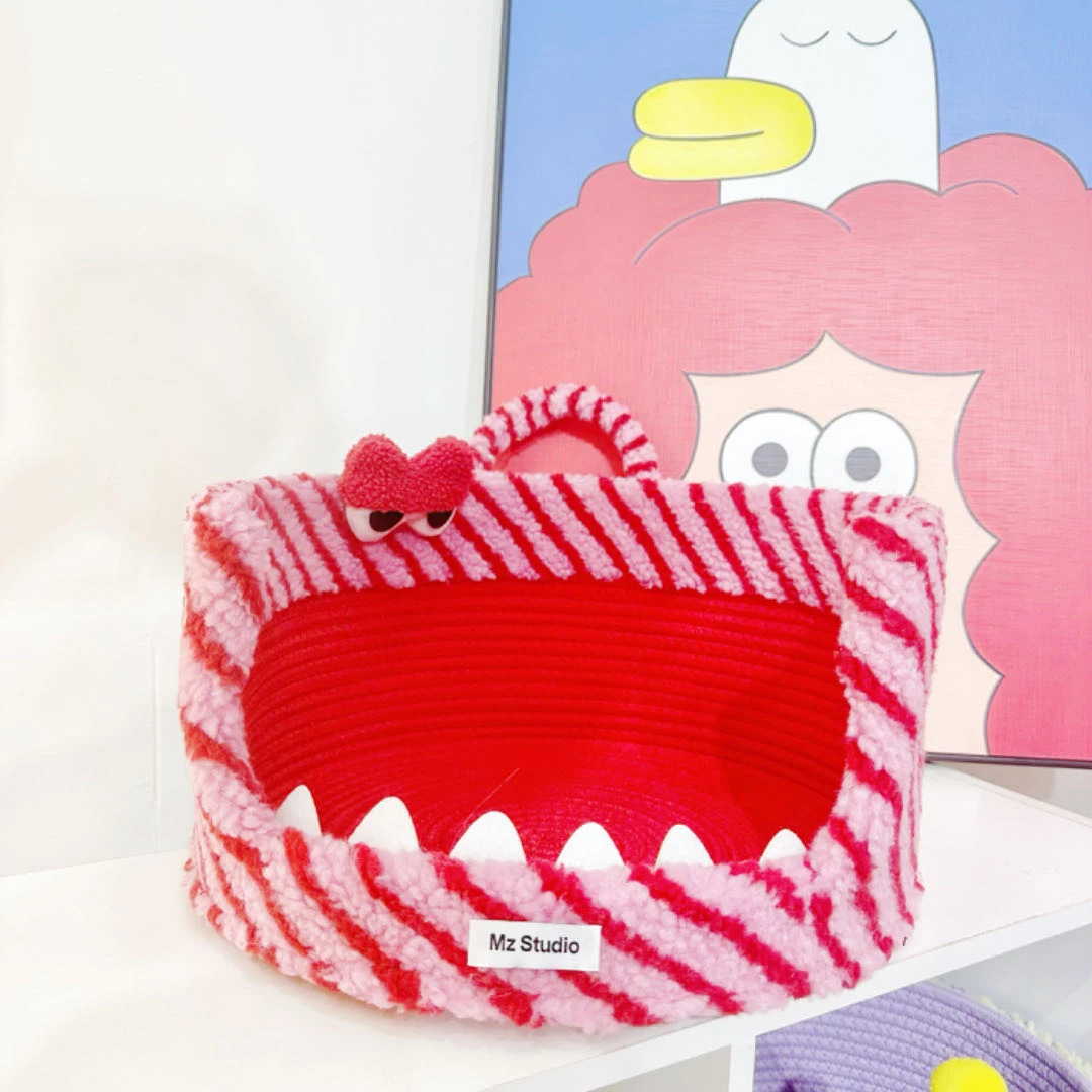 R-04大号牙齿红粉条纹宠物窝棉线收纳