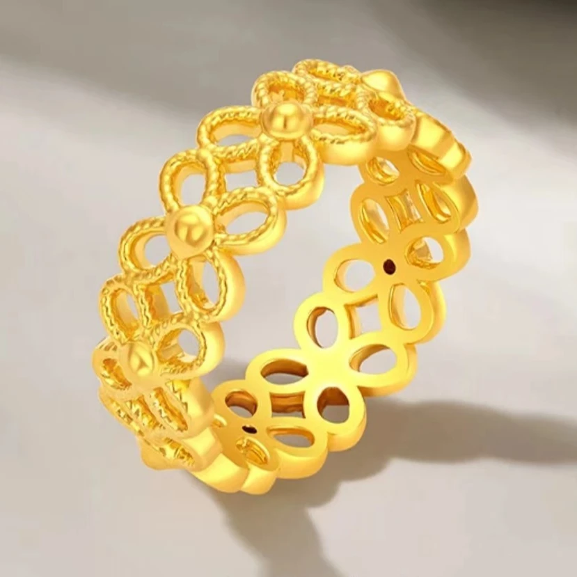 【小鹏黄金】足金999镂空幸运四叶草5D工艺戒指（拍大一个码）