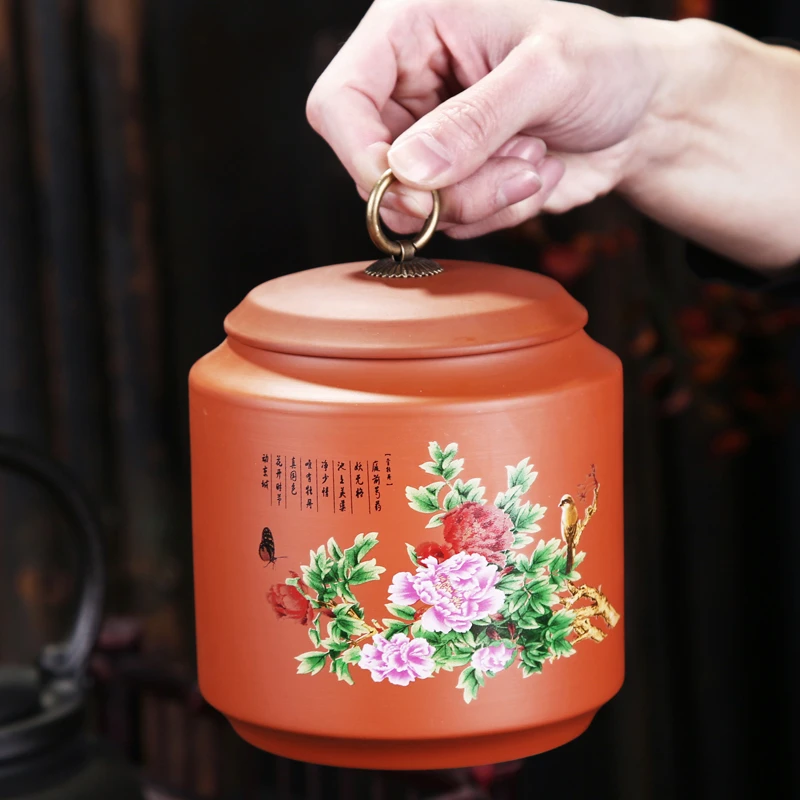 【紫砂茶叶罐半斤250克】陶瓷防潮密封储物罐大号中式牡丹大容量