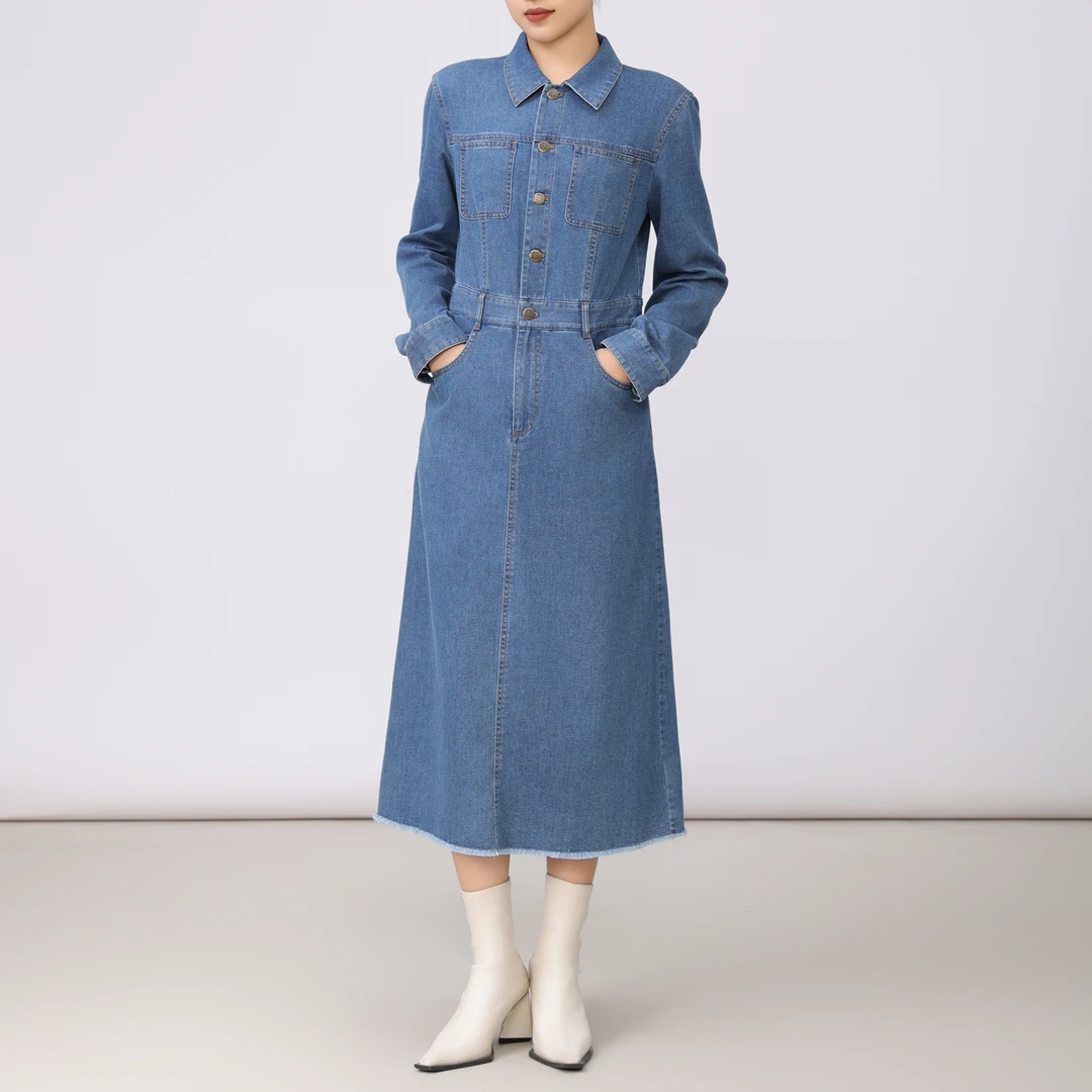 AMASS/阿玛施新款时尚经典复古百搭翻领长袖牛仔连衣裙 5500657