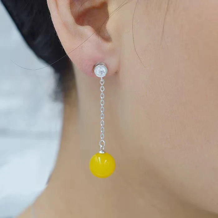 足银玻璃耳饰 黄珠子耳坠