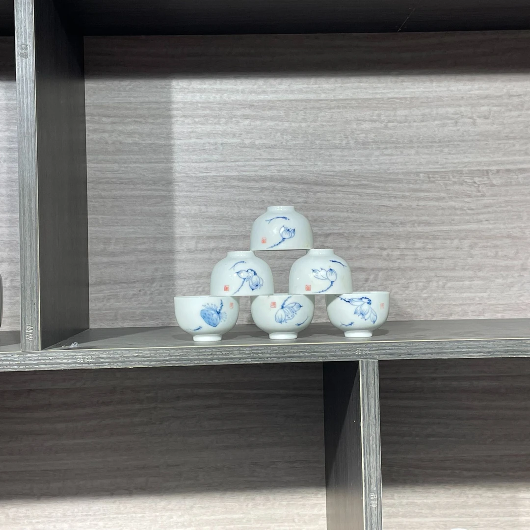 手绘青花瓷单杯陶瓷功夫茶杯套装客厅家用茶碗杯高温白瓷茶杯手工