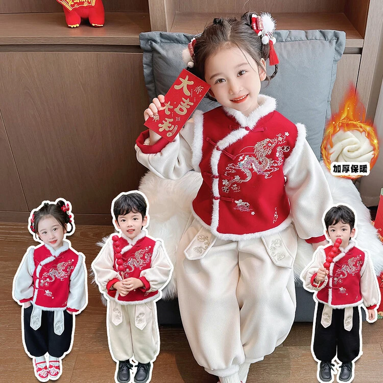 民族风唐装中国风拜年服男女童儿童宝宝元旦表演出服加绒套装新年