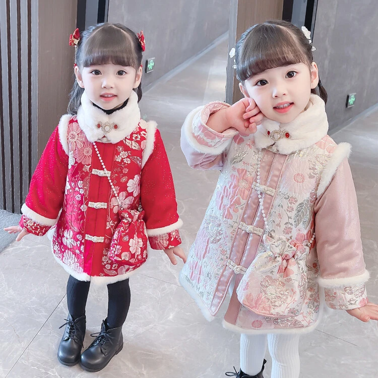 儿童女童中小童女宝宝女孩子冬款国风毛毛套装唐装毛毛边加绒加厚