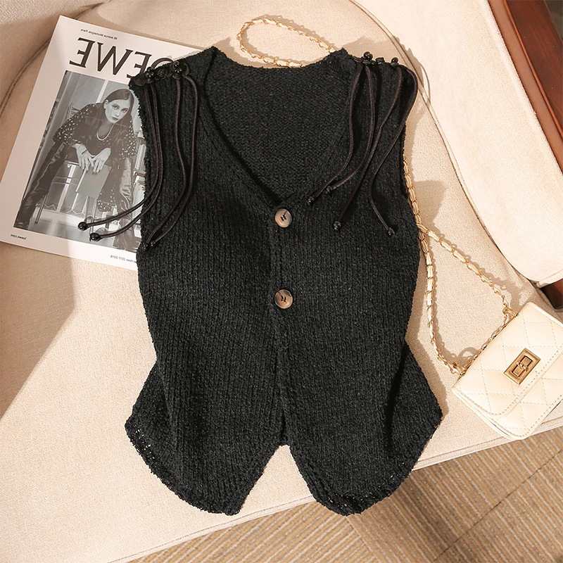 新中式小香风黑色针织马甲背心开衫女夏新款外搭小众修身无袖上衣