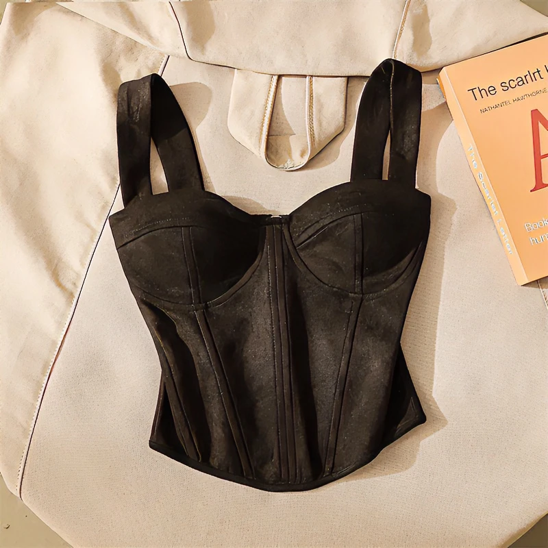 黑色辣妹鱼骨吊带背心内搭性感辣妹束腰美背一字肩含胸垫抹胸上衣