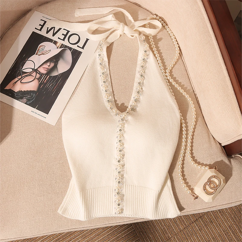 美式别致针织挂脖吊带背心内搭甜美辣妹修身钉珠外穿露肩无袖上衣