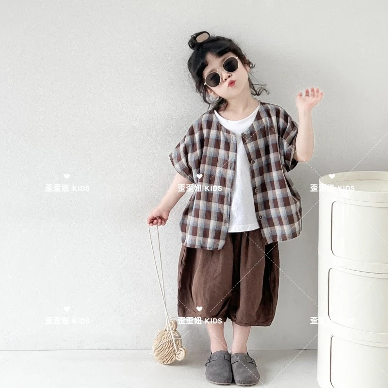 【歪歪妞童装】2424儿童棉麻复古撞色格子短袖衬衫日系男女童上衣