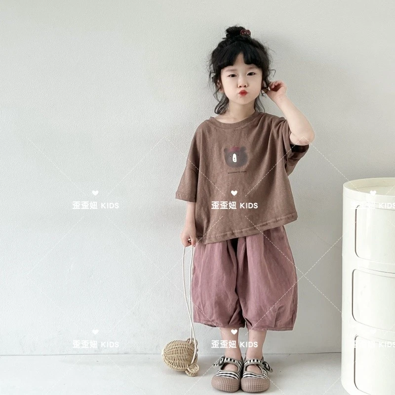 【歪歪妞童装】2429儿童棉麻卡通圆领短袖T恤日系男女童小熊上衣