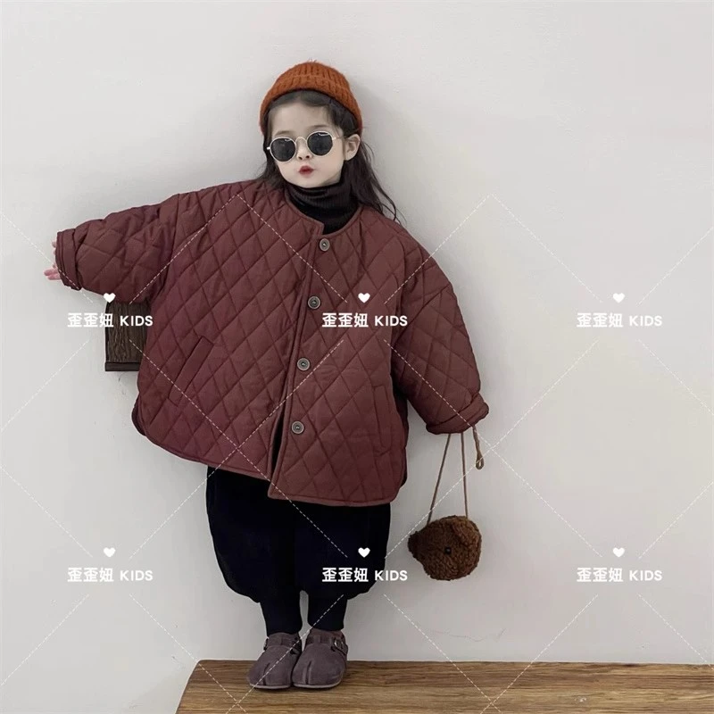【歪歪妞童装】24167儿童复古菱格加厚保暖棉服男女童中长款棉衣