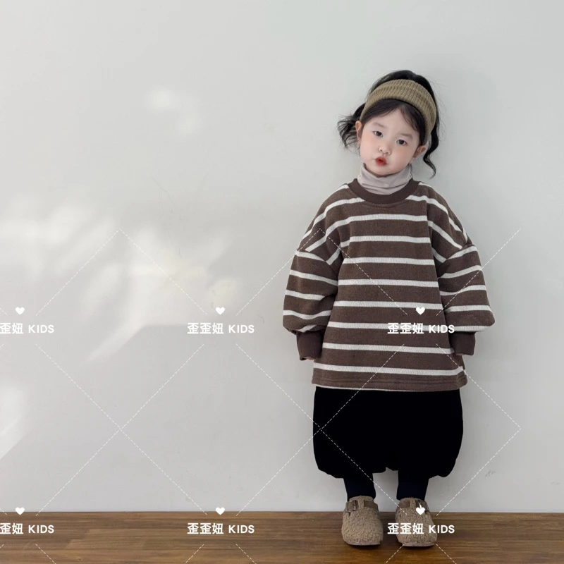 【歪歪妞童装】8807儿童复古森系中性洋气条纹双层卫衣男女童套头衫