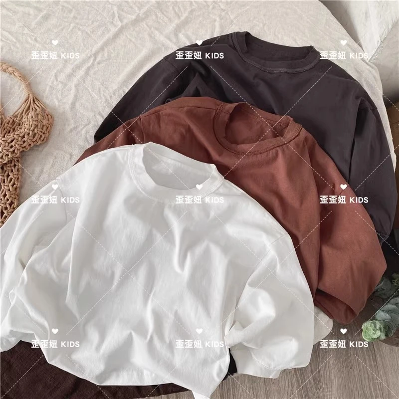 【歪歪妞童装】2308儿童复古中性简约纯色圆领长袖百搭T恤春季新款