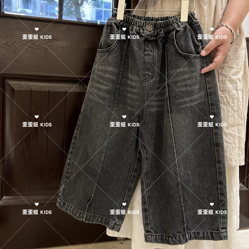 【歪歪妞童装】24366大童中性复古做旧水洗牛仔阔腿裤男女童长裤
