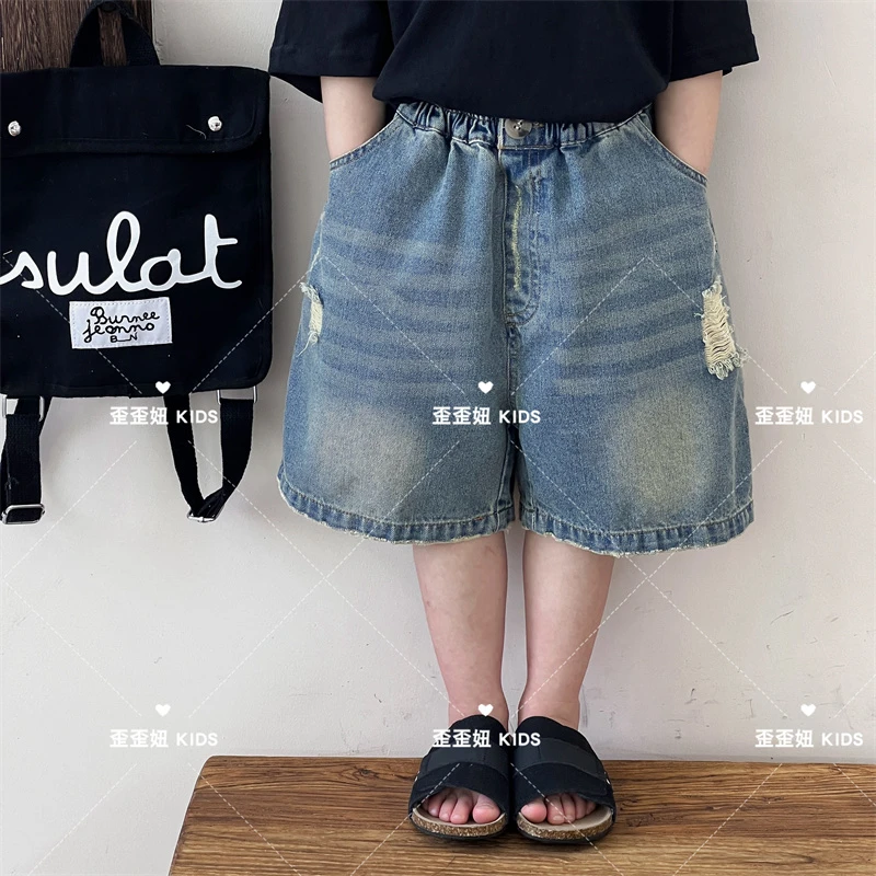 【歪歪妞童装】24081儿童复古中性做旧破洞牛仔短裤