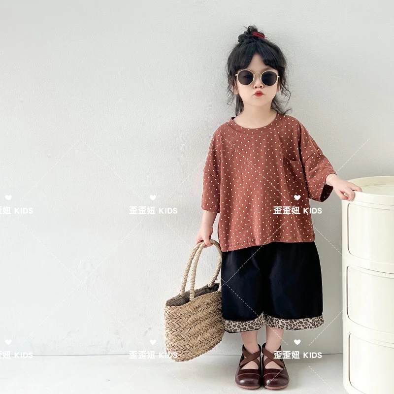 【歪歪妞童装】24017儿童复古森系波点圆领短袖T恤日系男女童上衣