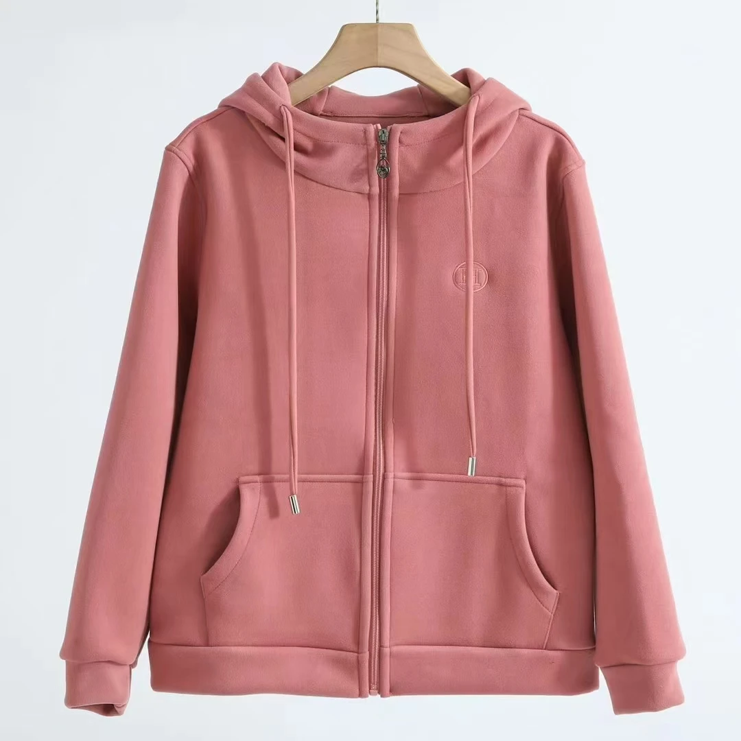 秋冬冲锋衣运动沐丝绒针织芯片连帽防皱防风外套长袖时尚女士宽松