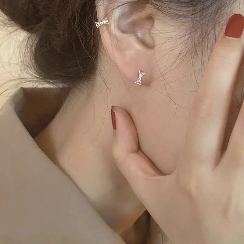 足银耳饰 999足银法式蝴蝶结耳扣女高级感耳环耳圈免摘养耳骨钉