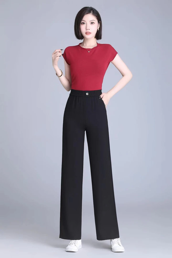 6580#夏季中腰一粒扣休闲垂感直筒裤(XL~5XL 85~155斤)