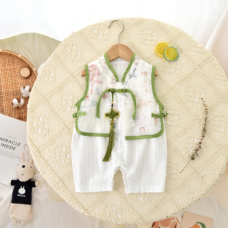 婴儿夏装国风无袖哈衣可爱宝宝周岁礼服男女幼儿春夏季背心超萌