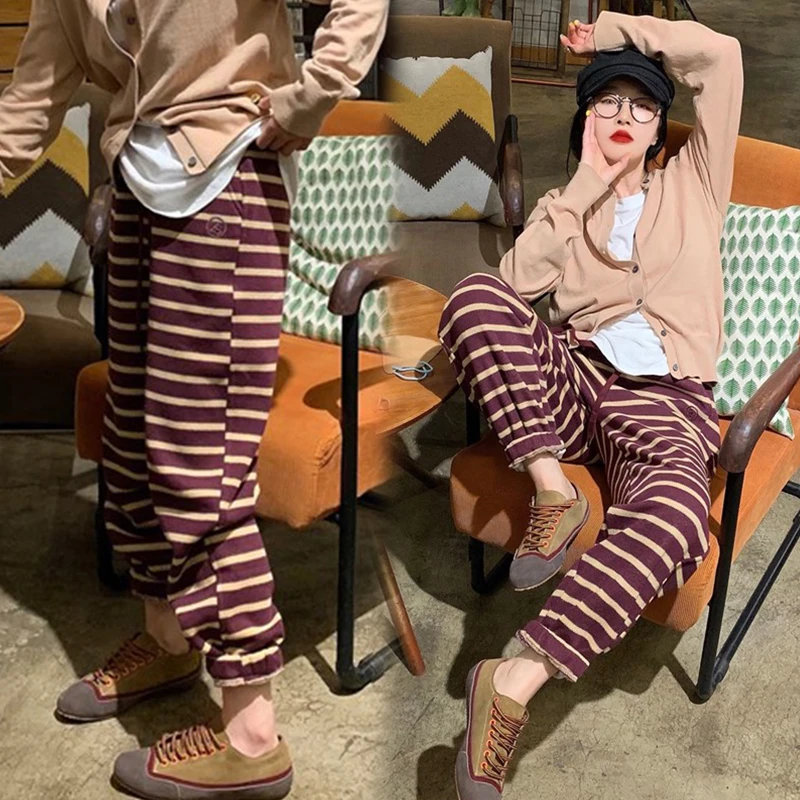 欧洲站字母刺绣条纹卫裤女2025秋季新款宽松百搭针织运动裤休闲裤